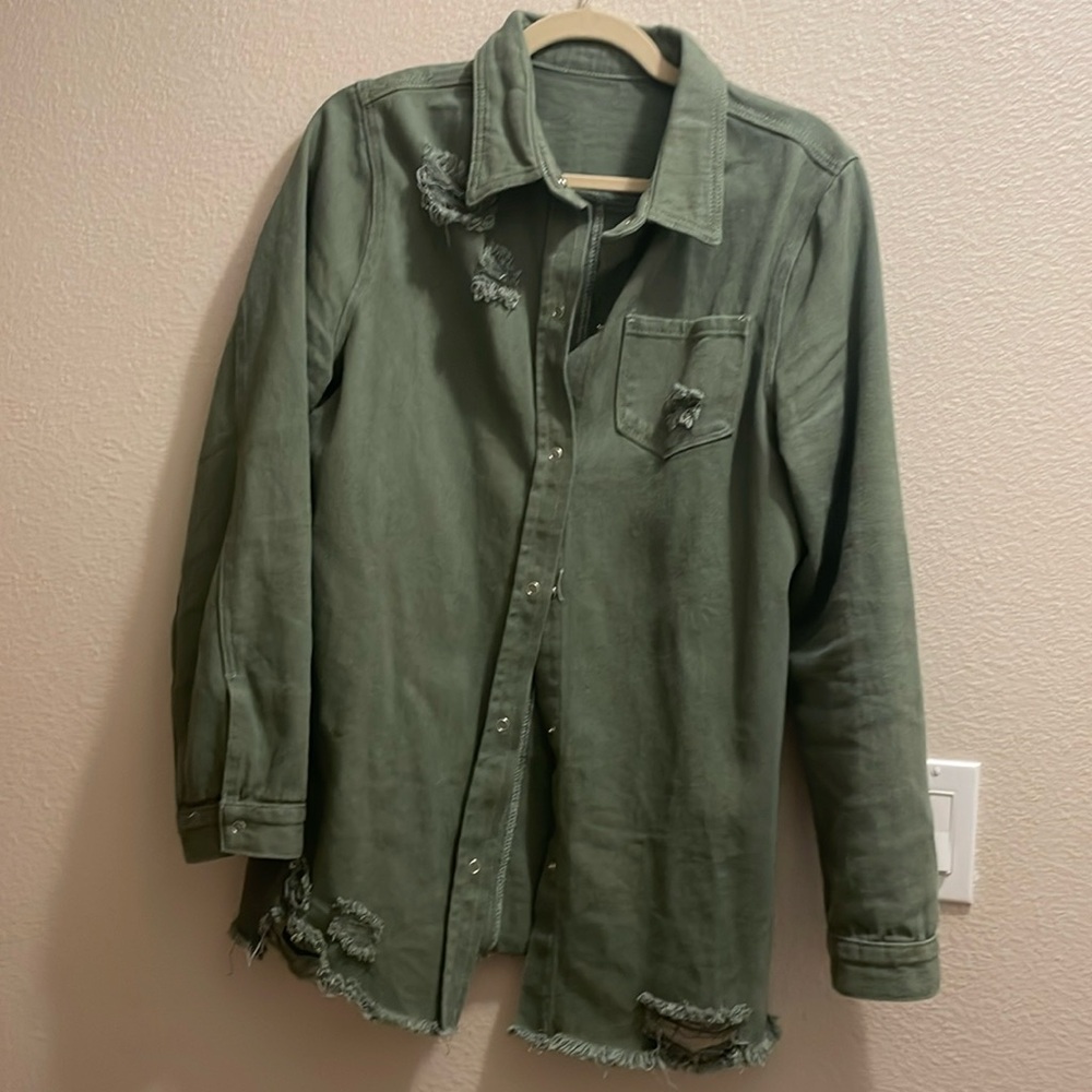 Large green denim, distressed button up